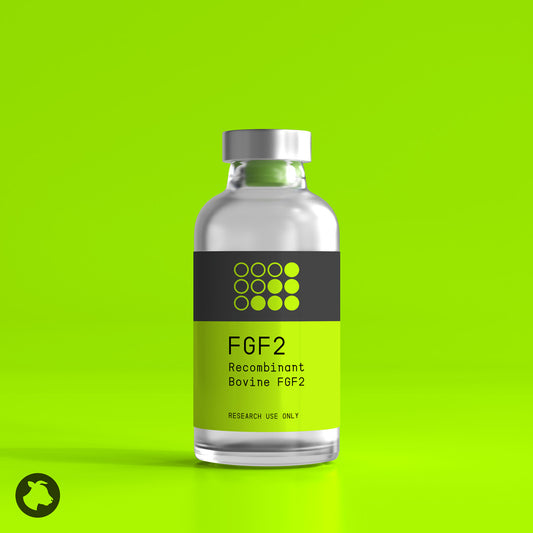 Future Fields small vial with a green label that reads "FGF2 Recombinant Bovine FGF2". Future Fields Recombinant Bovine FGF2 is an active FGF2 growth factor produced with the EntoEngine™ platform.