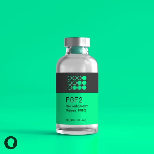 Future Fields small vial with a blue-green coloured label that reads "FGF2 Recombinant Human FGF2". Future Fields Recombinant Human FGF2 is an active FGF2 growth factor produced with the EntoEngine™ platform.