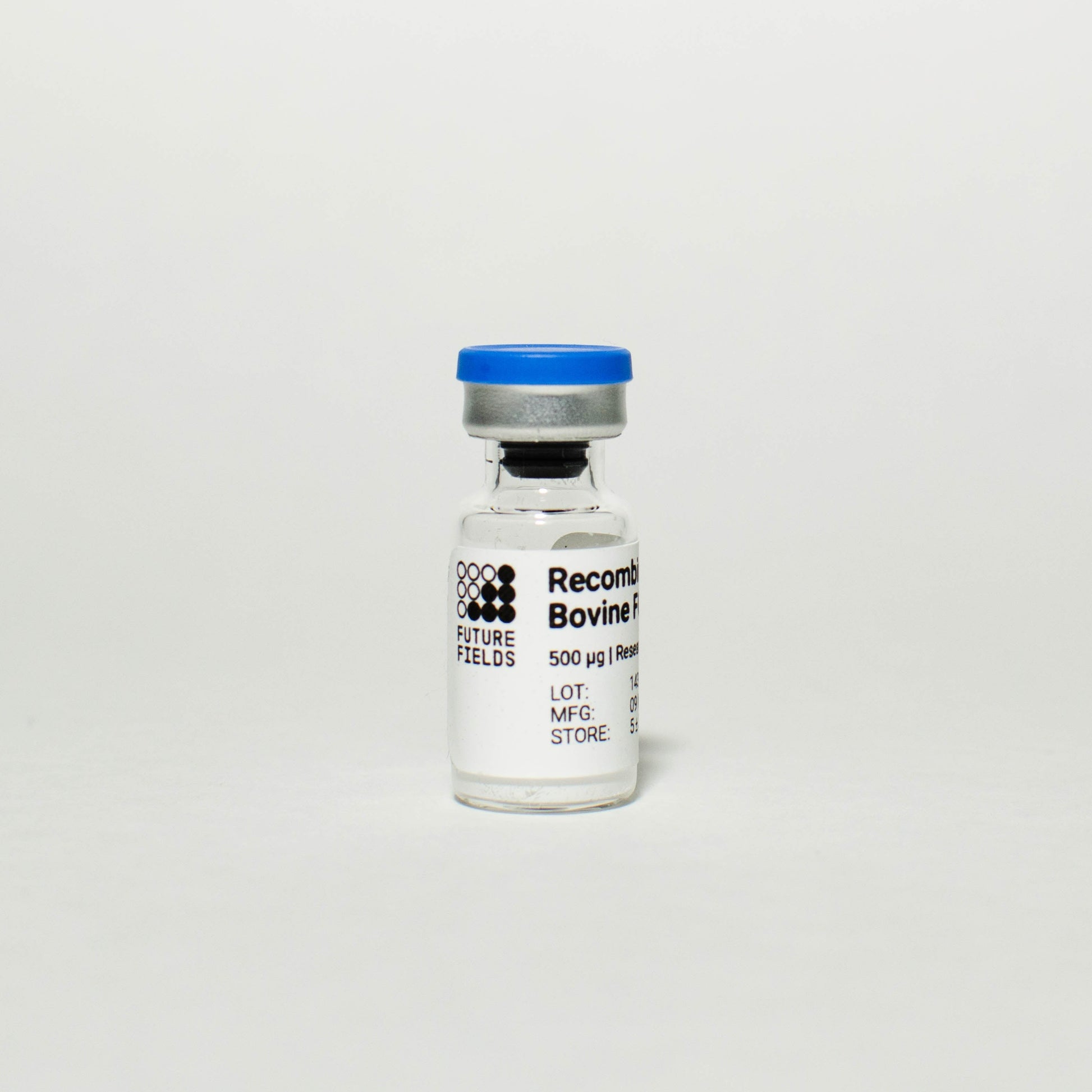 Picture of a small vial with a white that reads "Recombinant Bovine FGF2", product information, and the Future Fields logo. Future Fields Recombinant Bovine FGF2 is an active FGF2 growth factor produced with the EntoEngine™ platform.